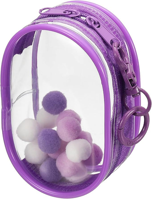 uxcell 4 Inch Clear Figure Display Bag, Mini Clear Pouch Waterproof Coin Pouch with Keychain and Pom Poms for Blind Box Doll Display (Round, Purple)