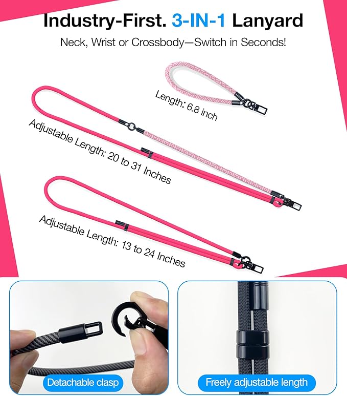 Phone Lanyard Crossbody, 3-in-1 Neck Strap& Wrist Strap, Adjustable Anti-Theft Lanyard with 2 Phone Tether Tabs, Universal Cell Phone Strap for All Case,Travel Essential, Pink
