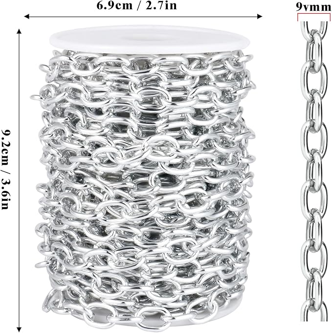 33 Feet Silver Rolo Cable Chains Roll, 9 MM Silver Plated Aluminium Oval Cable O Links Chain Bulk Spool for Jewelry Making DIY Craft