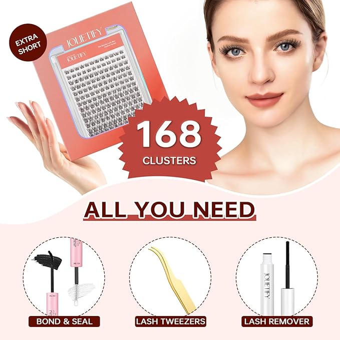JOLIETIFY Lash Extension Kit, Natural Style, Lightweight Faux Mink 8–14mm Clusters with More Short Clusters, Delicate Wispy Look, Individual Lashes with Waterproof Bond & Seal, Tweezers & Remover