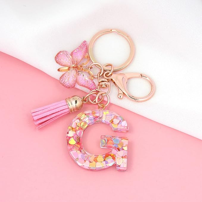 Fashion Alphabet Initial Letter Keychain Tassel Butterfly Pendant Key Ring for Purse Handbags Women Girl