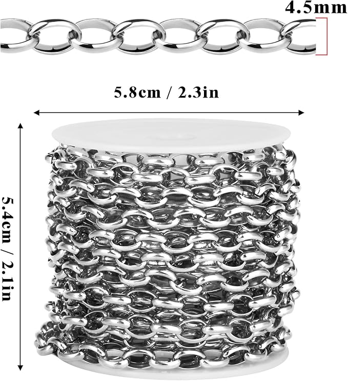 16.5FT Stainless Steel Oval Rolo Chains Roll, 4.5mm Width 304 Stainless Steel Oval Cable Link Chain Bulk Spool for Jewelry Making DIY Craft