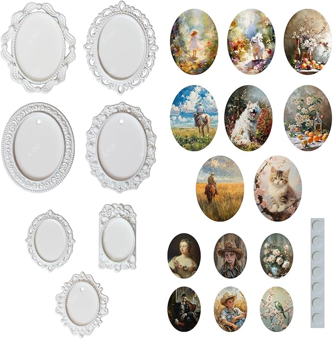 iLAND 1/12 Scale Accessories of Tiny Frames 7pcs with 14 Miniature Pictures Set for Dollhouse Miniatures Décor Also Elf Accessories Classic & Exquisite (White Tiny Frame Art)