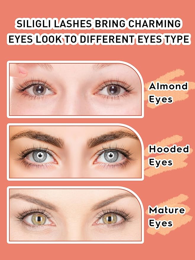 Siligli Cat Eye Lashes - Natural 15mm Wispy False Eyelashes, Thin Band, 3D Volume, Curly, 7 Pair Pack