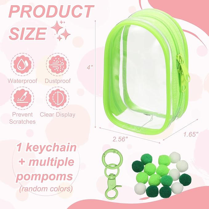 uxcell 4 Inch Clear Figure Display Bag, Mini Clear Pouch Waterproof Coin Pouch with Keychain and Pom Poms for Blind Box Doll Display (Oval, Light Green)