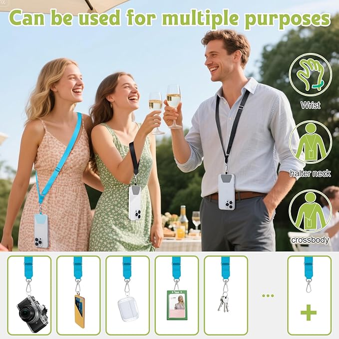 takyu Phone Lanyard, 2 Pack Adjustable Anti-Drop Neck/Wrist Strap with 2 PcsTether Patches, Secure Hands-Free Compatible for iPhone Samsung Perfect for Nurses, Teachers, Travel, Hiking Black+Blue