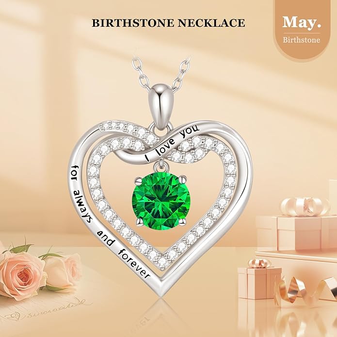 G&GEMSJEW Infinity Heart Birthstone Necklaces for Women, 925 Sterling Silver Jewelry, Pendant Heart Necklaces Birthday Anniversary Christmas Gift for Women Wife Mom Girlfriend Lady