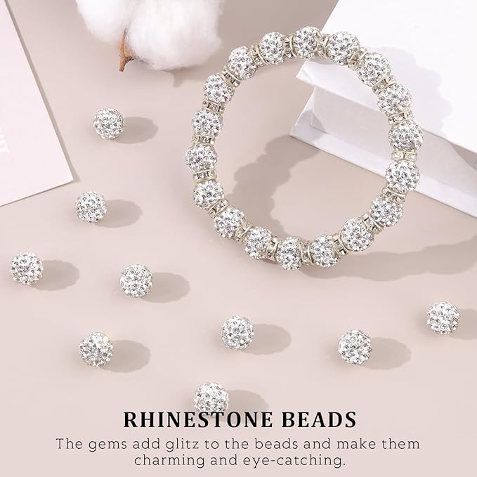 120pcs 10mm Rhinestone Beads for Jewelry Making, White Shiny Round Shamballa Disco Ball Beads Bulk, Sparkle Crystal Clay Christmas for Bracelet Baseball Necklace Earring Crafting and DIY