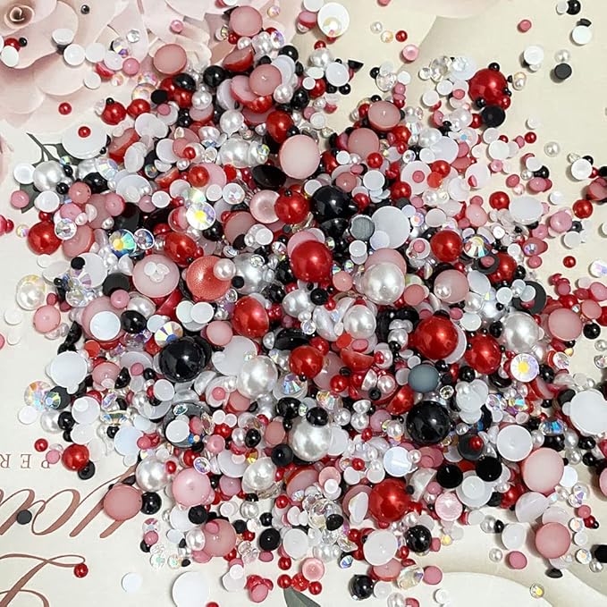 100g Mix Resin Rhinestones Flatback Half Round Pearls Mixed Size 3mm-10mm AB Color Half Pearls Resin Rhinestones for DIY Craft Nail Art Shoes Clothes Phone Case (Red White Black Series)