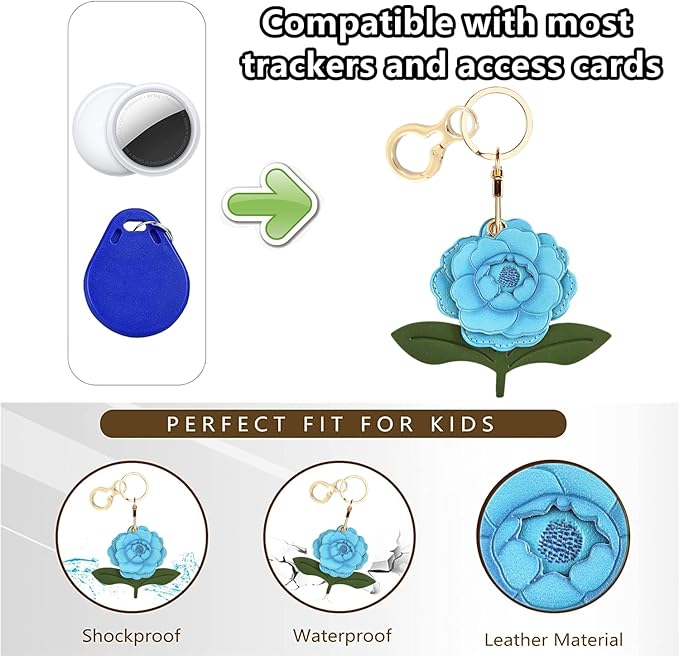 Leather Keychain Holder Case Compatible with AirTag,Cute Protective Apple Air Tag Cover with Keychain Ring,Anti-Scratch Finder GPS Tracker Case for Wallet Keys,Bag,Pets(Blue Peony)