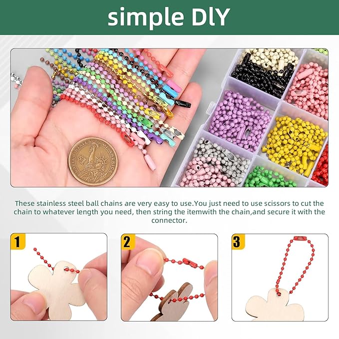 300Pcs 20 Colors Ball Bead Chain Ball Chain Keychain Dog Tag Necklace Chains Beaded Metal Keychain 2.4mm Beads Chains for Jewelry Making
