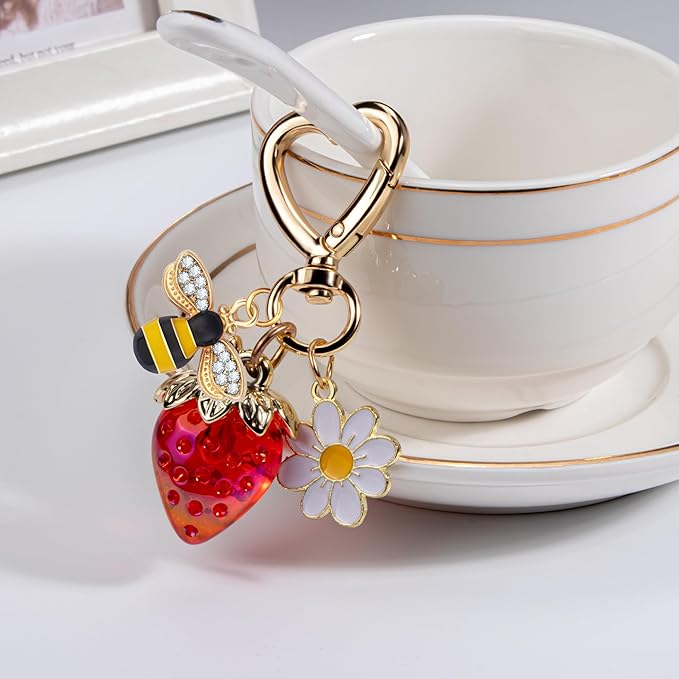Wikavanli Cute Strawberry Keychain,Bag Charms,Kawaii Heart Flower Daisy Key chains Accessories Decor for Women Girls Purse