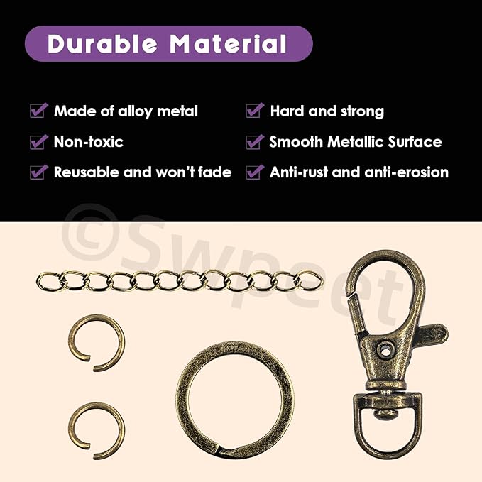 Swpeet 125Pcs Bronze Keychain Making Set, 25Pcs Swivel Lanyard Snap Hook, 25P Keychain Ring, 25P Extender Chains, 50P Open Jump Rings, Swivel Lobster Clasps, Keychains Clips