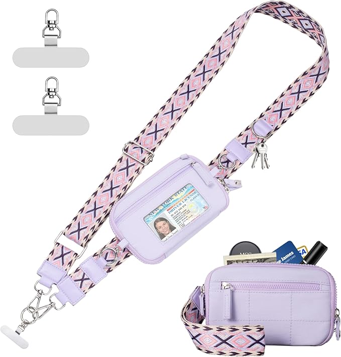 Clip and Go Strap for Phone with Wallet Crossbody Phone Lanyard with Anti-Theft Zipper Pouch Detachable Quilted Wrist Wallet with RFID and ID Window for Daily Travel.
