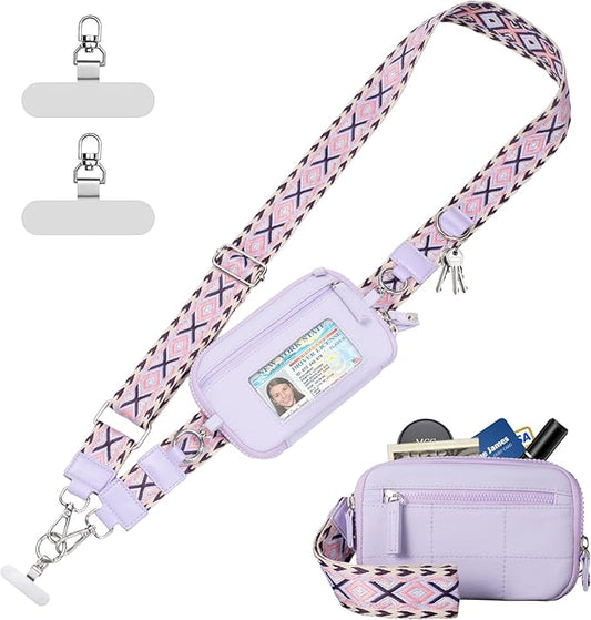 Clip and Go Strap for Phone with Wallet Crossbody Phone Lanyard with Anti-Theft Zipper Pouch Detachable Quilted Wrist Wallet with RFID and ID Window for Daily Travel.