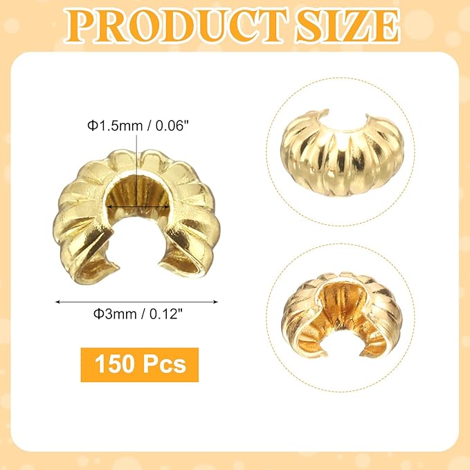 uxcell 150 Pcs Crimp Bead Covers, 3mm/0.12" Half Round Open Crimp Beads Knot Cover, Small Loose Beads End Tip Caps for Bracelet Jewelry Making Craft DIY, Light Gold