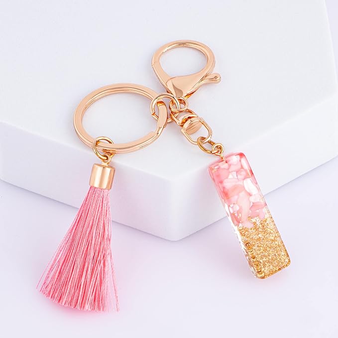 Suweibuke Cute Pink Key Chains for Women Girls, Initial Letter Keychains with Tassel, Charms for Key Purse Handbags Backpacks