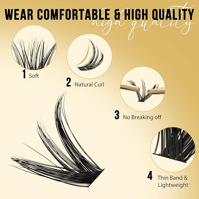 QUEWEL Lash Clusters 320Pcs Cluster Lashes 50D C Curl Lash Cluster Eyelash Extensions Mix9-16mm Individual Eyelashes Clusters Wispy Lash Clusters Thin Band Soft to Use at Home(50D C Mix9-16)