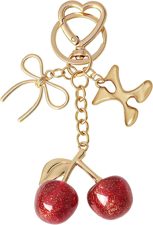 Snycler Bubble Initial Keychain with Cherry & Bow - Gold Letter Bag Charms for Women, Cute Purse Handbag Accessories