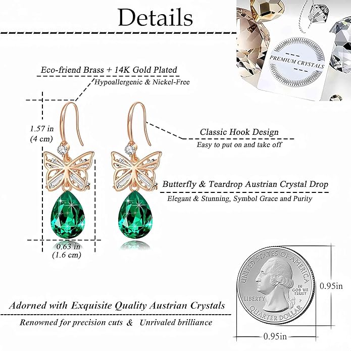 Austrian Crystal Teardrop Butterfly Drop Dangle Earrings for Women 14K Rose Gold Plated Hypoallergenic Jewelry