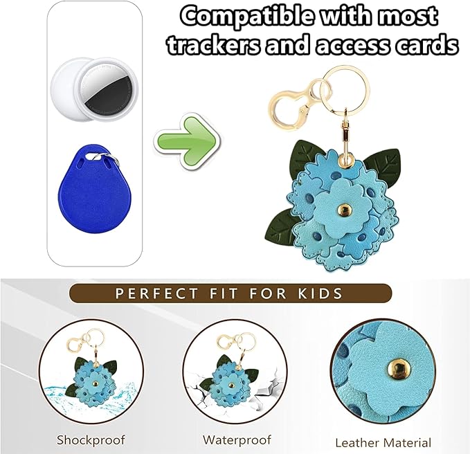 Leather Keychain Holder Case Compatible with AirTag,Cute Protective Apple Air Tag Cover with Keychain Ring,Anti-Scratch Finder GPS Tracker Case for Wallet Keys,bag,pets(Blue Peach Blossom)