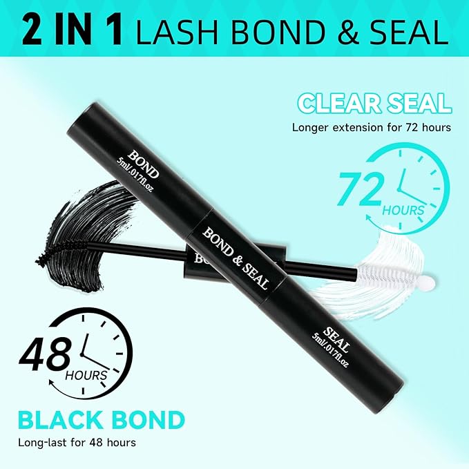 Bond and Seal Lash Glue 10ml Eyelash Cluster Glue Dual-Ended Tube, Black Lash Bond & Clear Eyelash Seal Strong Hold Waterproof Sweatproof – Gentle Formula, Long-Lasting Eyelash Glue for Cluster Lashes