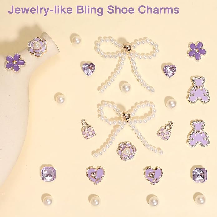 24Pcs Bling Pearl Bow Shoe Charms for Clog Sandals Women, Bear, Flower, Pearl Accessories, DIY Shoe Decoration Charms for Girls