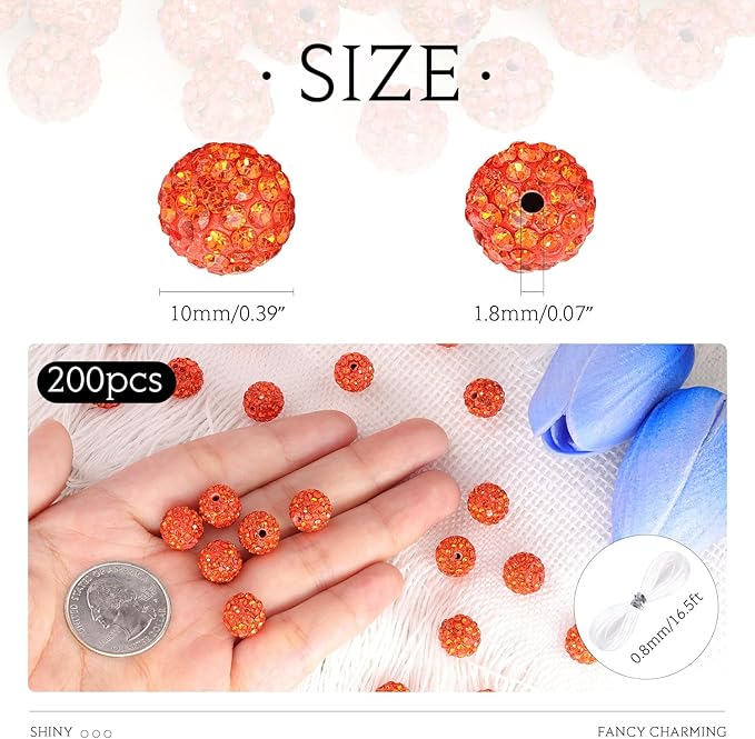 200 Pcs Orange Rhinestone Beads for Jewelry Making, Sparkle Crystal Clay Christmas for Bracelet Baseball Necklace Earring Crafting and DIY, Shiny Round Shamballa Disco Ball Beads Bulk