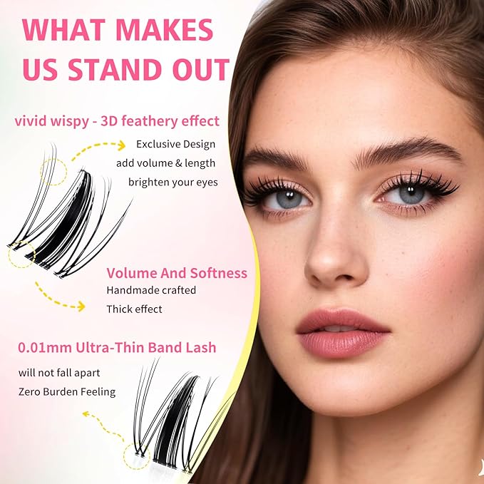 Gyinsoo DIY Eyelash Extension Kit "Cali Breeze" - 144Pcs Fluffy Volume Clusters (8-18mm Mix) with Waterproof Bond and Seal - Dramatic D Curl Individual Lashes for Vacation, Travel & Photoshoots