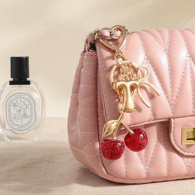 Snycler Bubble Initial Keychain with Cherry & Bow - Gold Letter Bag Charms for Women, Cute Purse Handbag Accessories