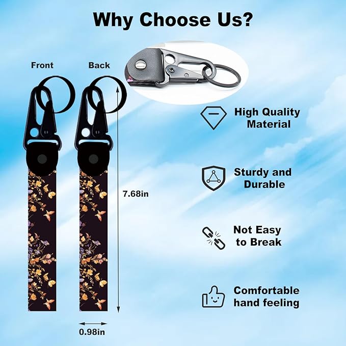 2 Pcs Classic Black & Floral Keychain Wristlet Lanyard for Women couples, Flower Wristlet Strap for Keys Hands-Free Wearable