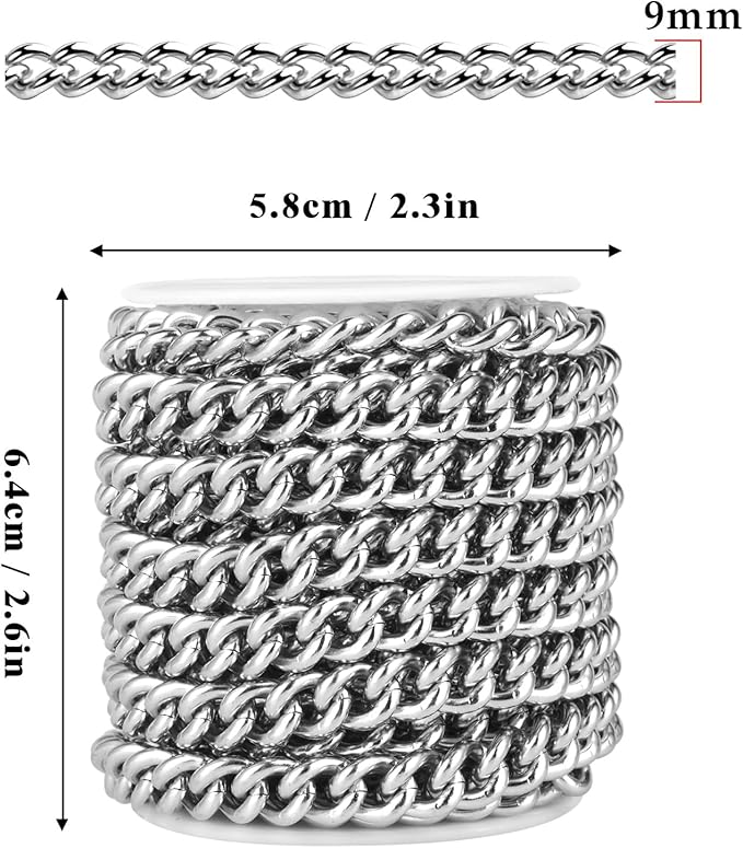 16.5 FT Stainless Steel Curb Chain Roll, 9mm 304 Stainless Steel Flat Twisted Links Curb Chains Bulk Spool for Jewelry Making Necklace DIY Craft