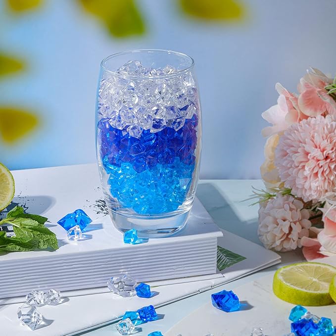 450 Pieces Fake Ice Cubes Diamonds Ice Rocks Acrylic Stones Crystals Plastic Cubes Gems Vase Rocks Centerpiece Vase Filler Gems for Weddings Party Decoration Display Table Scatter, 2 Sizes (Royalblue)