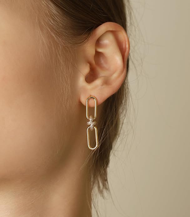 OZEL 14K Gold & Silver Plated Paperclip Chain Earrings with Cubic Zirconia – Dangle, Hoop, Huggie, Stud Styles – Women’s Fashion Jewelry Gift