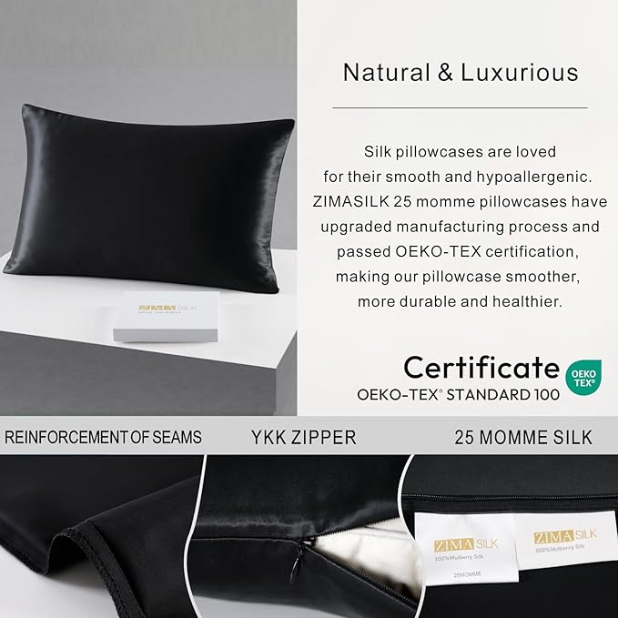 ZIMASILK 25 Momme 100% Pure Mulberry Silk Pillowcase for Hair and Skin Care, Highest Grade 6A Pillow Cases for Women, Long-Lasting Durablity, Gift for Women Men, 1Pc (Queen 20"x30", Black)