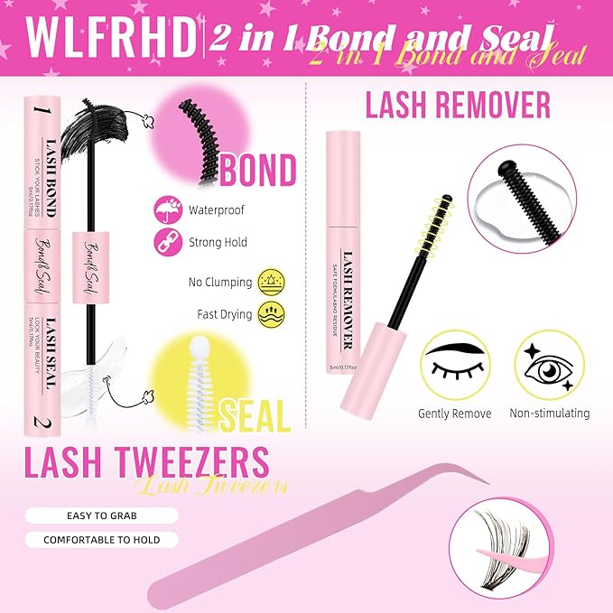 Lash Clusters Kit 320 Pcs DIY Individual Cluster Lashes D Curl Lash Extension Kit with Eyelash Bond and Seal, Remover, Tweezers Applicator Tool for False Eyelash Cluster Kit(50D, Mix9-16mm Kit)