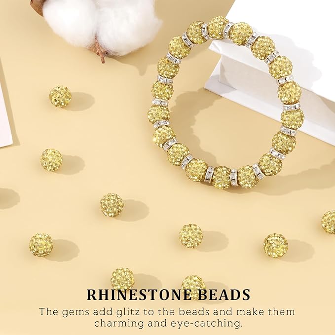 120pcs 10mm Rhinestone Beads for Jewelry Making, Light Yellow Shiny Round Shamballa Disco Ball Beads, Sparkle Crystal Clay Christmas for Bracelet Baseball Necklace Earring Crafting and DIY