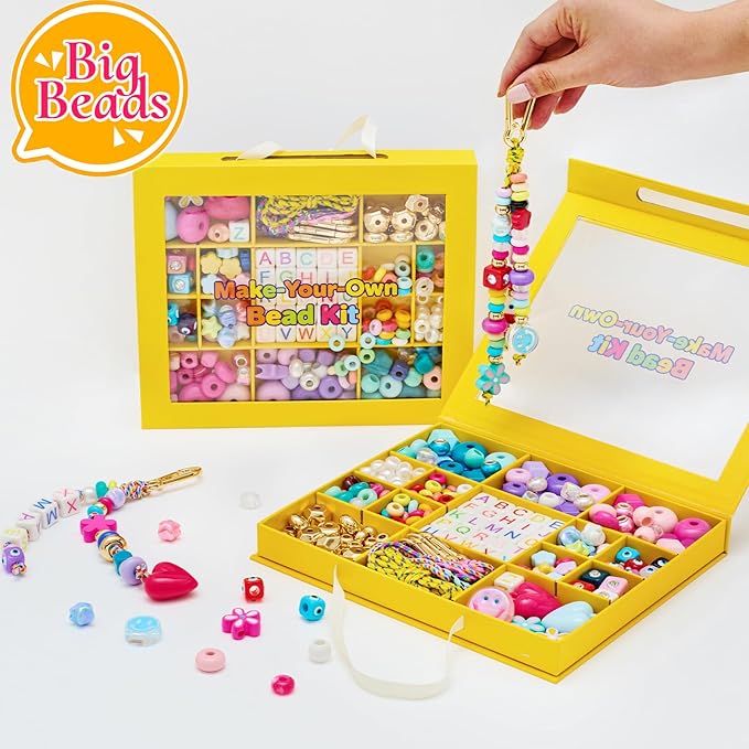 HolidayQbee DIY Bead Keychain Making Kit for Kids Beaded Bag Charm Kit Alphabet Beads Muti-Colorful Heart Pony Bead for Key Chain Making Kit Bag Charm Making Kit Gifts for Boy Girls