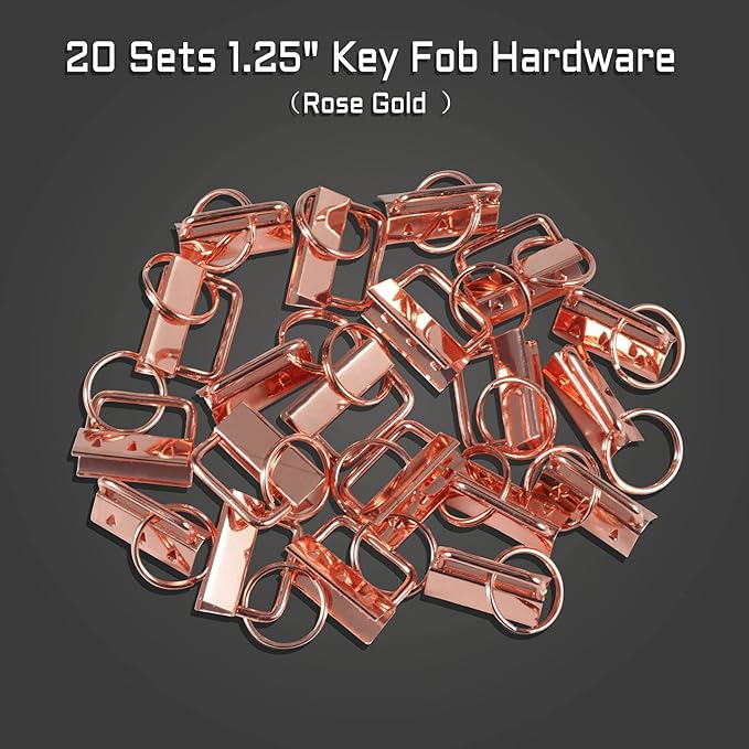 SPEEDWOX 20 Pcs 1.25" Rose Gold Key Fob Hardware Set, 8 Inches Glass Breaking Pliers with Rubber Tips, for Wristlet Keychain Key Lanyard Making