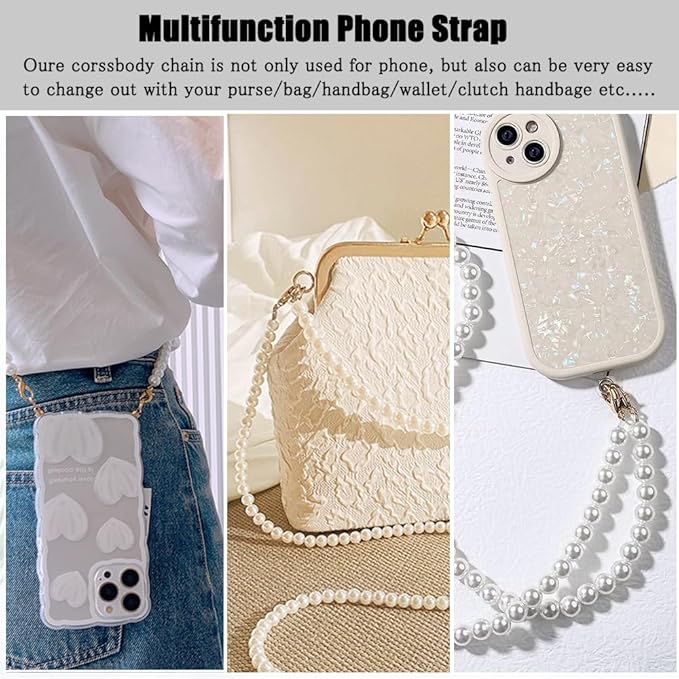 Phone Chain Crossbody Pearl Strap, Pearl Beaded Chain Shoulder Crossbody Lanyard with Phone Tether Patches Compatible with Most Phones Bag Purse