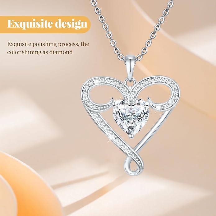 Yuelove Infinity Necklace for Women, 925 Sterling Silver Heart Necklace with 5A Zircon, White Gold Plated Adjustable Chain, Gift for Valentine's Day, Birthday, Anniversary for Wife, Girlfriend, Mom