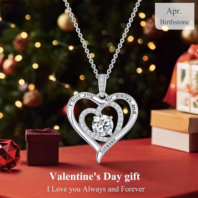 S925 Sterling Silver Necklace for Women, Valentines Day Gifts for Her, Love Heart Birthstone Necklaces for Women, Wife Jewelry, Mom Birthday Valentines Mothers Day Gifts, Girlfriend Necklaces, Daughter Heart Jewel, Anniversary for Her