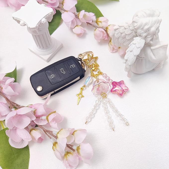 Y2K Aesthetic Keychains for Women Cute Flowers Star Cake Jellyfish Keychins Charms Kawaii Bag Purse Decor