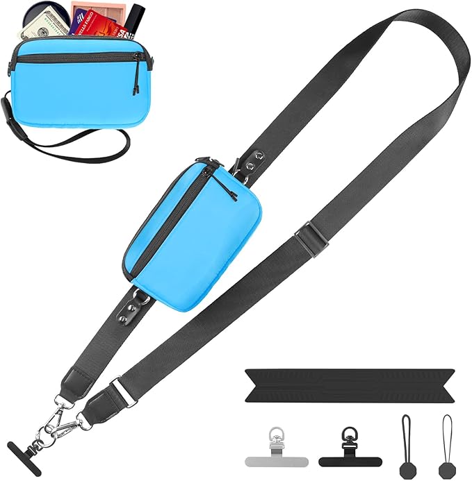 Clip and Go Strap for Phone with Wallet Crossbody, Adjustable Phone Lanyard with Detachable RFID Wristlet Wallet & Ultra-Thin 360° Rotatable Metal Tabs for All Smartphones (Blue)