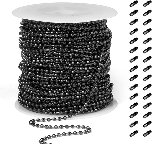 [50 Feet] Black Stainless Steel Ball Bead Chains Roll, 304 Stainless Steel Ball Chains Spool with 30 PCS Connectors Bulk for Jewelry Making