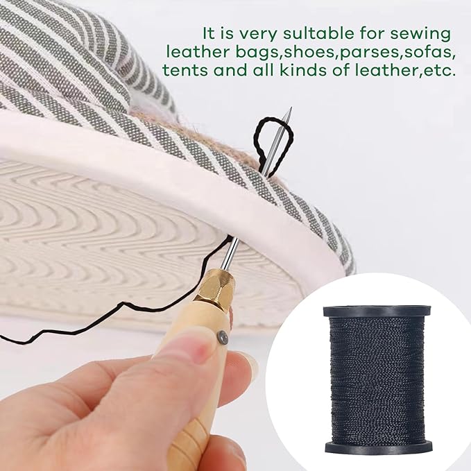 3-Spool Nylon Thread for Sewing, Each 80 Yards Thick Thread Kit Include Sewing Awls & 7 Needles for Hand Sewing, Upholstery Thread & Needle for Repairing Leather, Shoes, Furniture, Black