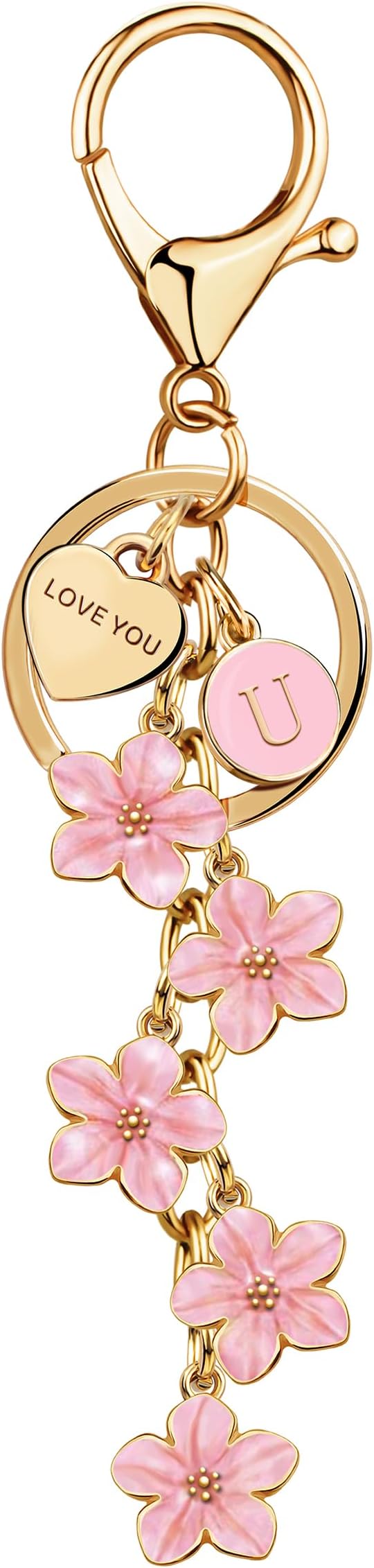 Suweibuke Cute Initial Letter Keychain with Love You Heart, Enamel Flower Charm for Key Handbag Backpack - Women Girls Gifts