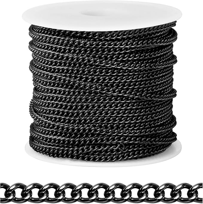 [66 FT] Black Curb Chains Bulk for Jewelry Making, 2mm 304 Stainless Steel Gunmetal Black Flat Twisted Links Curb Chains Roll Spool for Jewelry Making DIY Craft