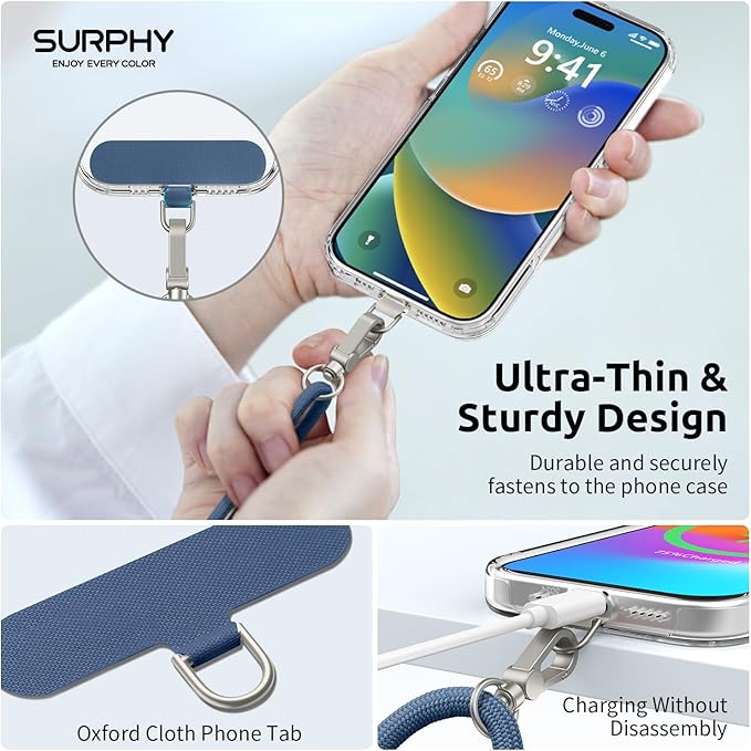 SURPHY Phone Lanyard, Adjustable Phone Strap Crossbody with 2 Pack Cell Phone Tether Tab, Premium Metal Buckles, Skin-Friendly, Universal Cell Phone Lanyard Crossbody for Women and Men, Denim Blue