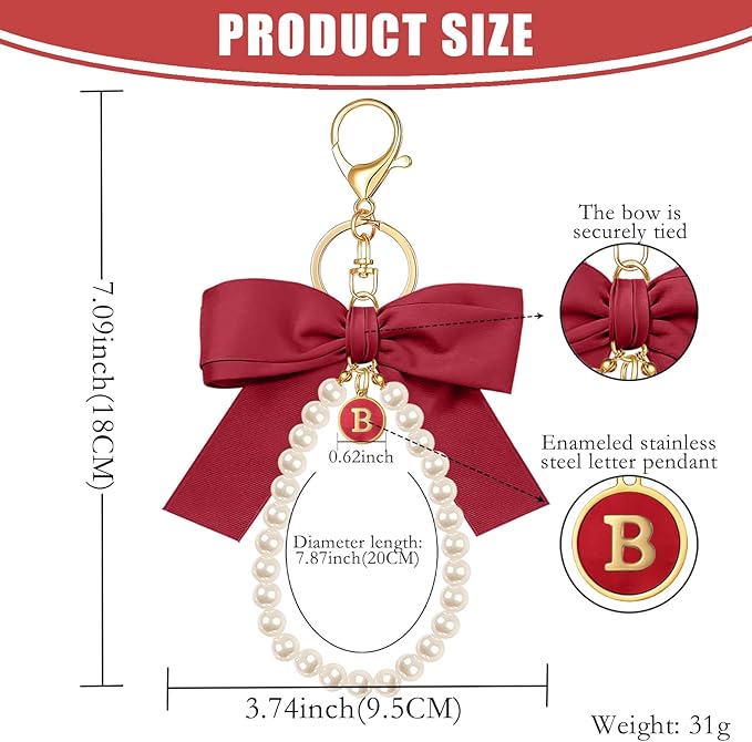 XGALBLA Initial Letter Cute Coquette Bow Keychain for Women, Wristlet Simulated Pearl Keychains Bag Charms for Handbags
